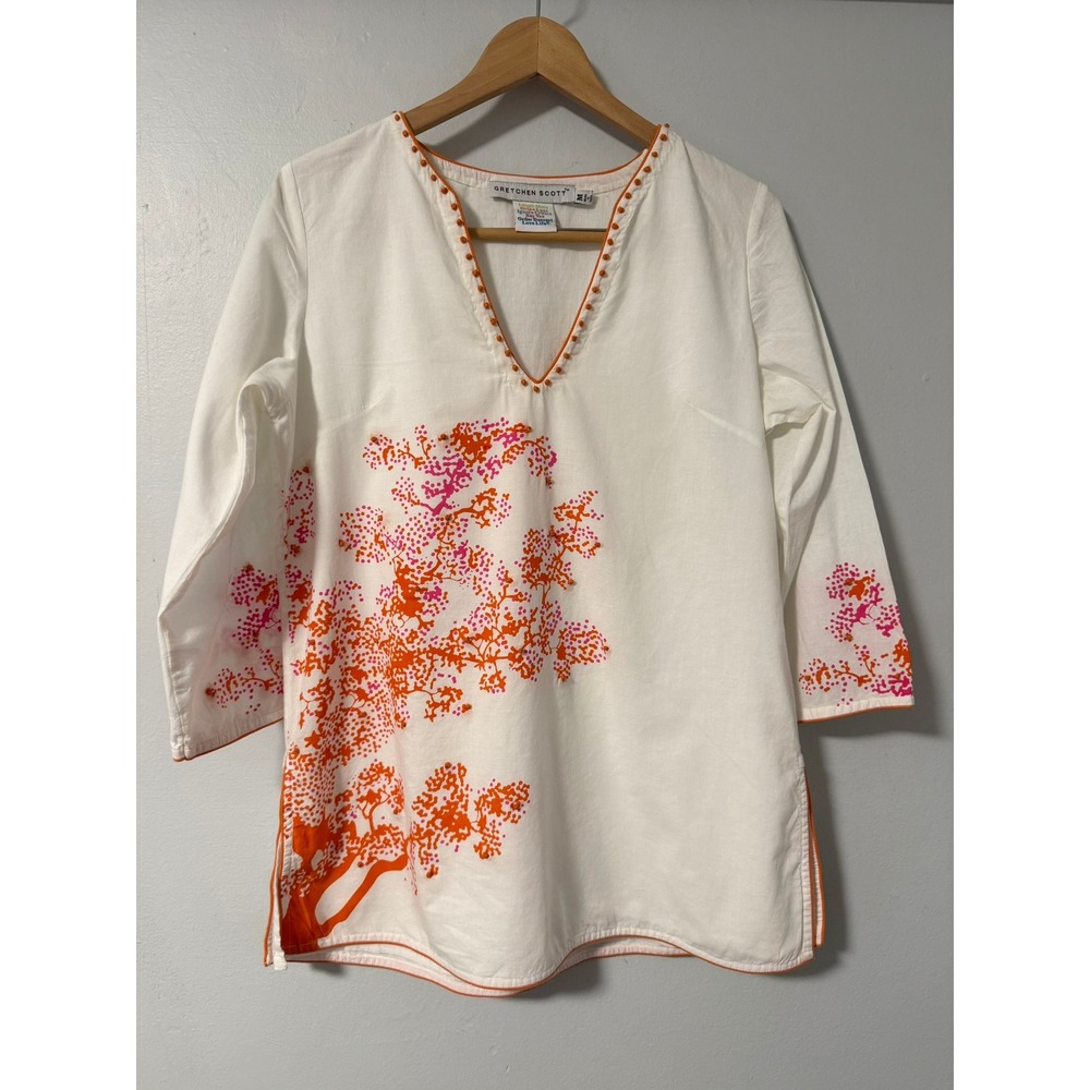 Gretchen‎ Scott White Orange Pink Coral Print Cotton Tunic Top Embroidered M